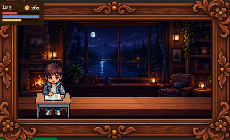 Companion lendo em uma biblioteca em pixel art, com uma janela para o lago à noite